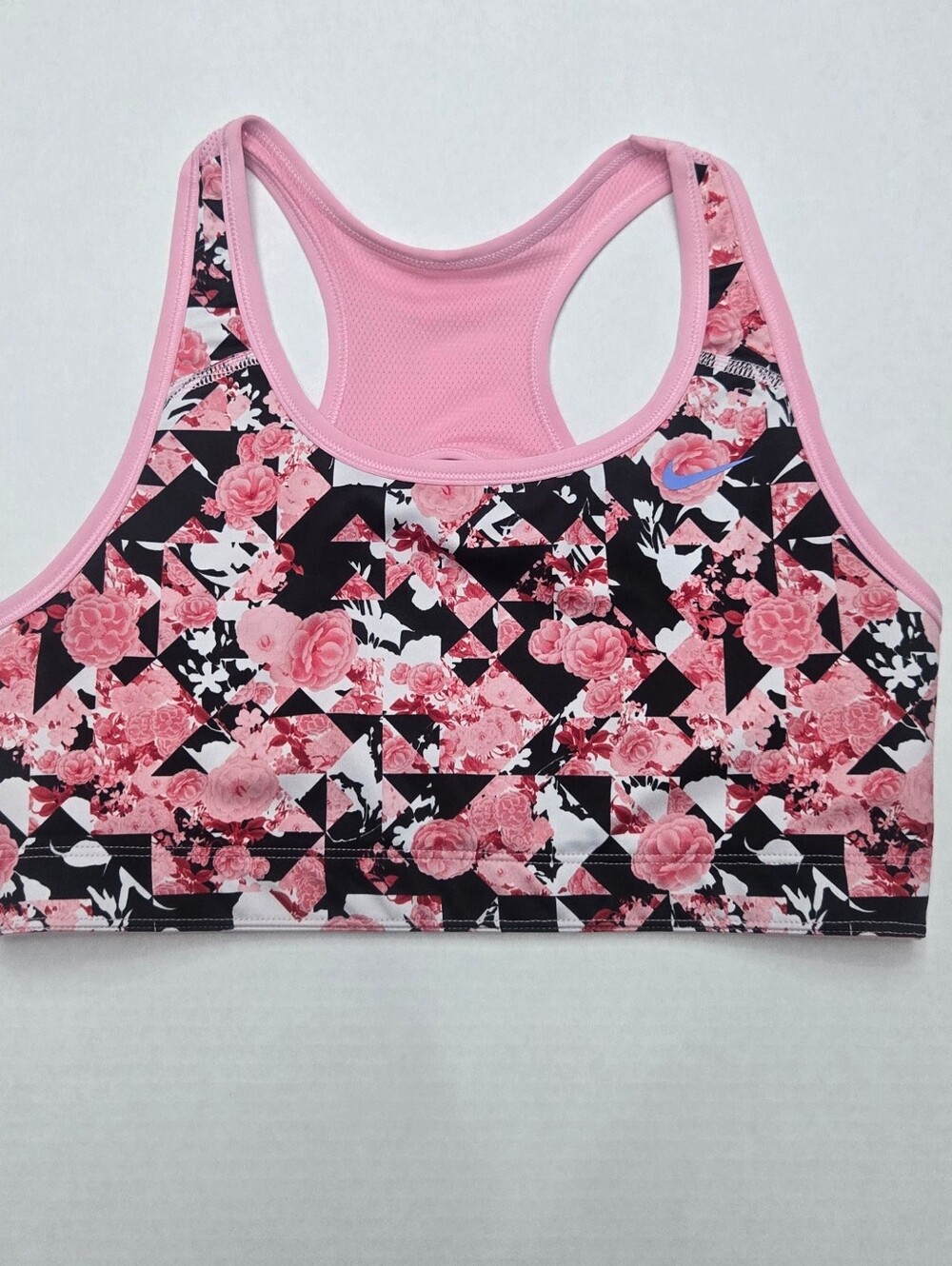 Nike Sports‎ Bra YOUTH Reversible Pink Floral Black Geo Swoosh Large 14 In Chest